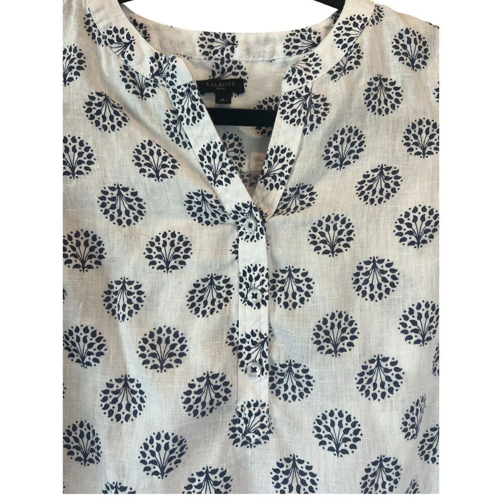 Talbots Blue and White 100% Linen Blouse Petite Small - Picture 3 of 6